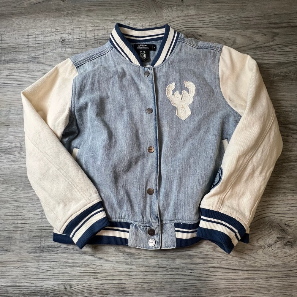 Pro Standard Milwaukee Bucks Jacket Mens Blue Denim Varsity NBA Letterman‎ Patch
